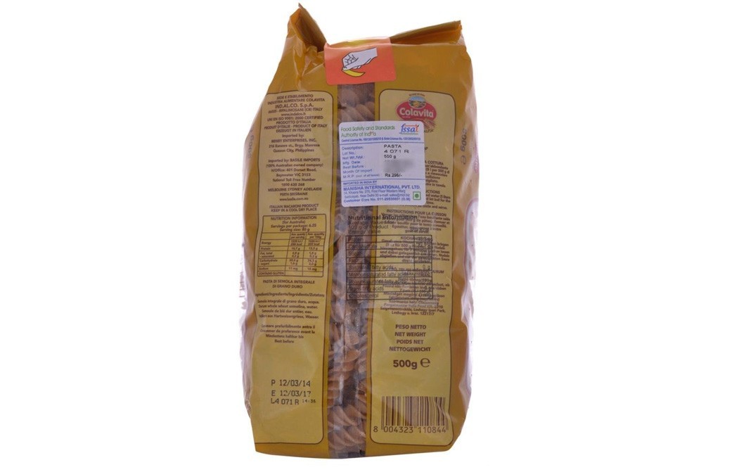 Colavita Fusilli Whole Wheat Pasta   Pack  500 grams